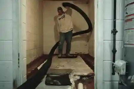 McCoy Contractors foreman pulling hose for drain tile installation during basement waterproofing Milwaukee