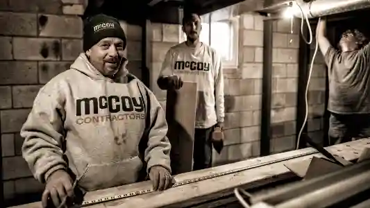 McCoy Contractors foundation repair team candid moment measuring wood Milwaukee