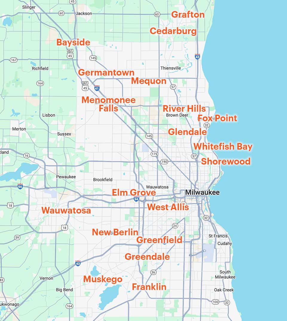 Map highlighting McCoy Contractors’ service coverage across Waukesha and Milwaukee counties